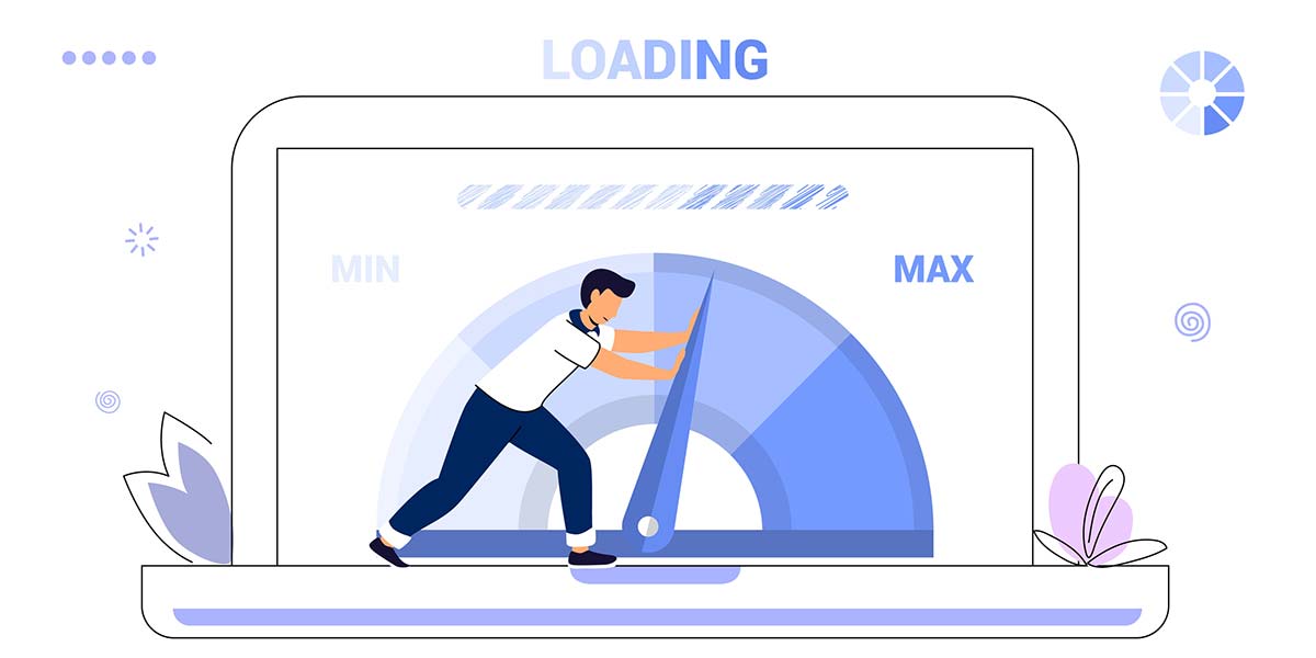graphic of a man pushing a meter from min to max on top of a computer