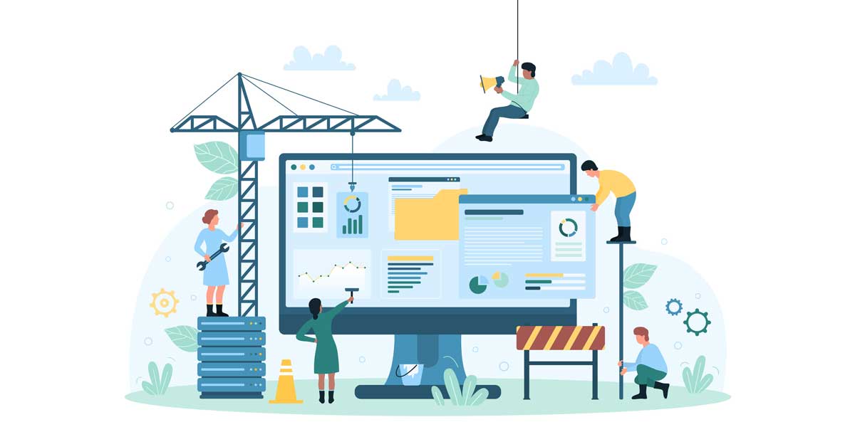 illustration of construction workers building a website