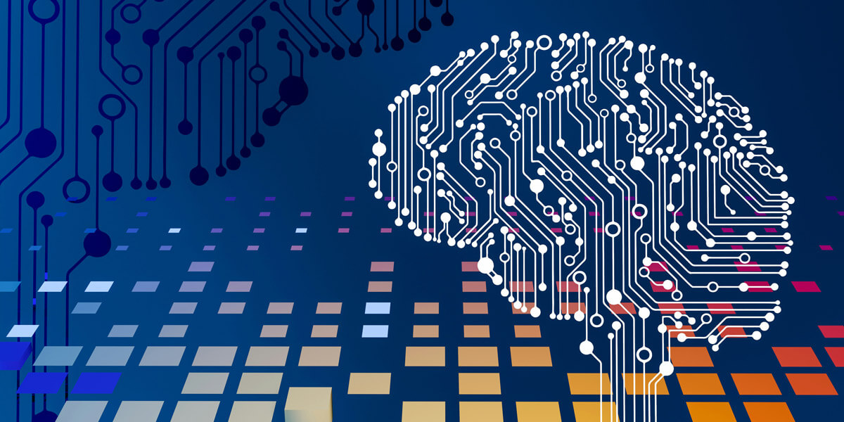 Circuit board pattern surrounding a brain, symbolizing technology and artificial intelligence.