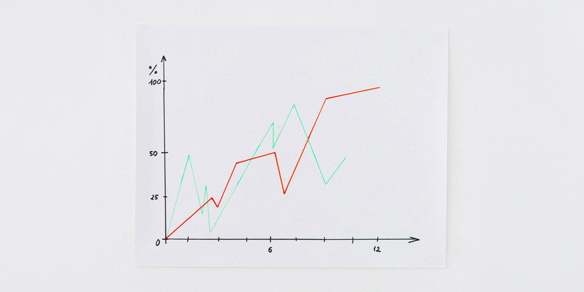 A white paper with a hand-drawn line graph shows two fluctuating data lines trending upward over time.