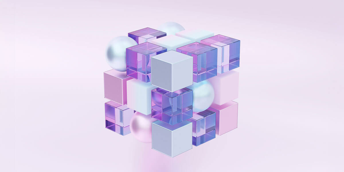 Abstract 3D illustration of translucent cubes and metallic spheres in shades of purple, blue, and pink.