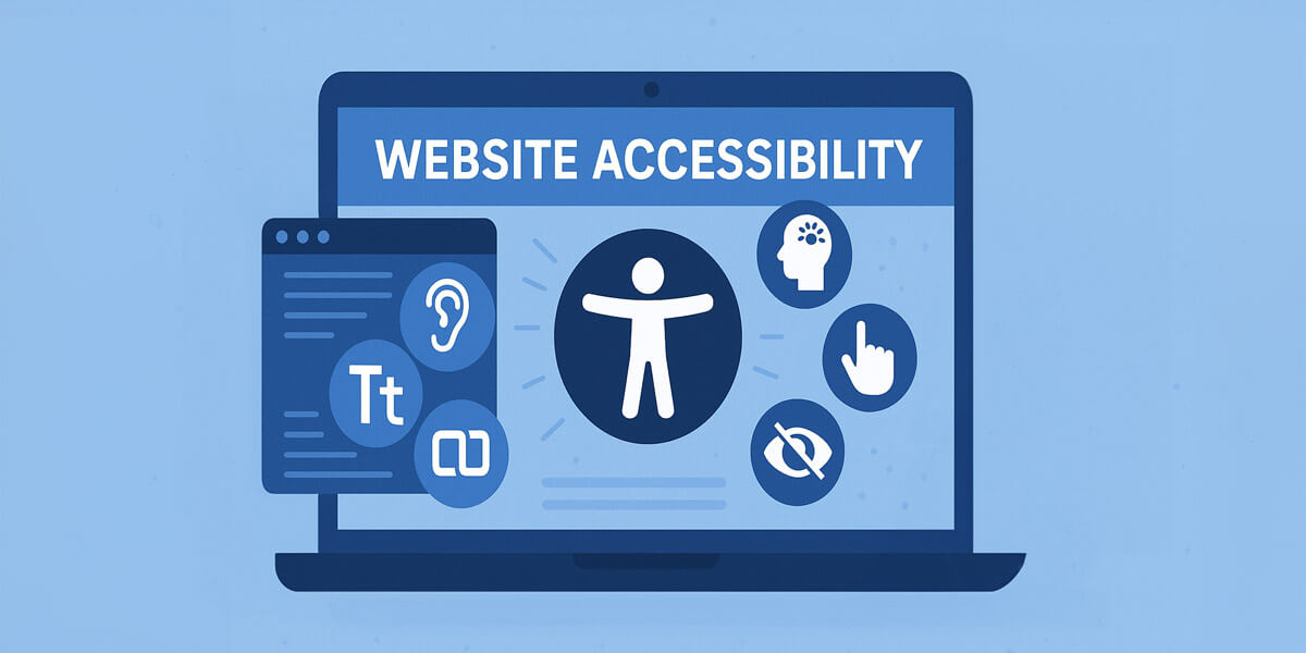 A blue-toned illustration of a laptop screen displaying “Website Accessibility” with icons representing inclusivity features like hearing, vision, cognitive, and mobility accessibility. The design emphasizes the importance of making digital content usable for everyone.