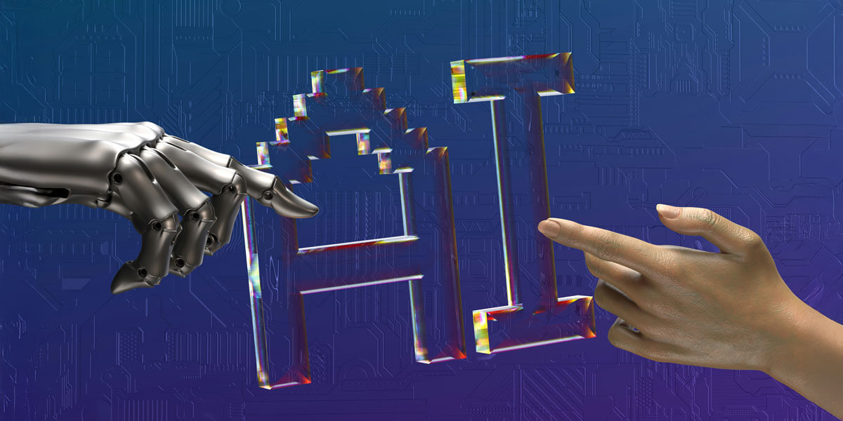 A robotic hand and a human hand point toward the letters AI on a digital background, symbolizing the connection between artificial intelligence and human-driven search.