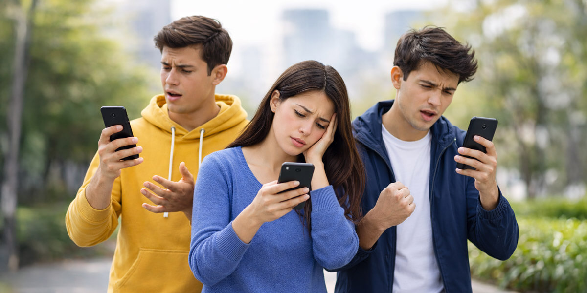 Three people stand outdoors looking frustrated while checking their smartphones, illustrating impatience with slow or unresponsive mobile websites.
