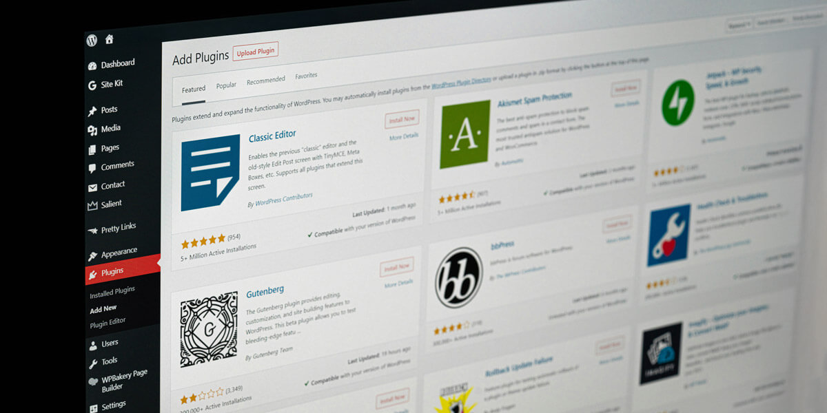 A close-up of the WordPress dashboard showing the Plugins page, highlighting options to add and manage plugins within the admin interface.