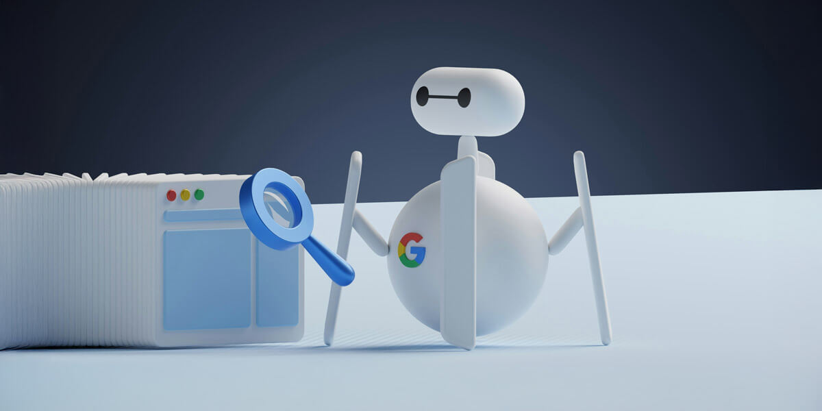 A 3D illustration of a robot with a Google logo holding a shield and magnifying glass beside a browser window, symbolizing website security and search penalties.