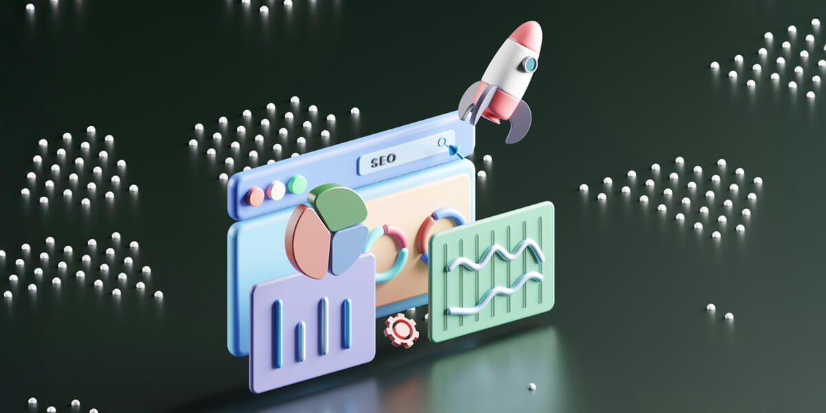 A stylized 3D graphic of a website dashboard labeled SEO with charts and a rocket launching upward, representing improved search rankings and growth.