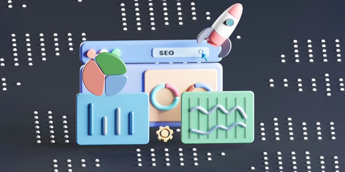 A stylized illustration of SEO elements including charts, graphs, and a search bar with a rocket icon.