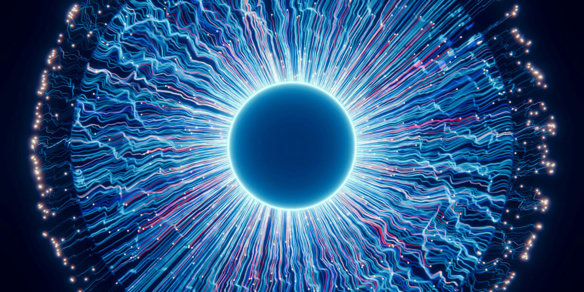 A dramatic digital illustration of a glowing blue sphere radiating wavy electric lines and light particles outward against a dark background, evoking artificial intelligence or energy fields.