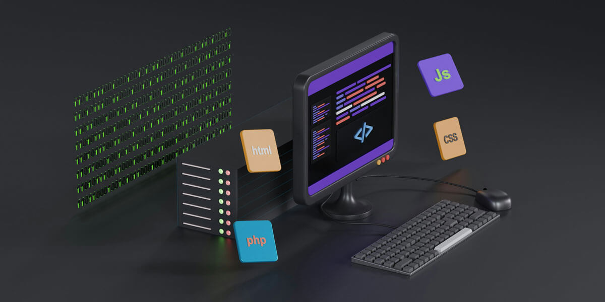 A 3D illustration of a desktop computer setup surrounded by floating web development language icons — HTML, PHP, JavaScript, and CSS — against a dark background with a server and binary data panel.
