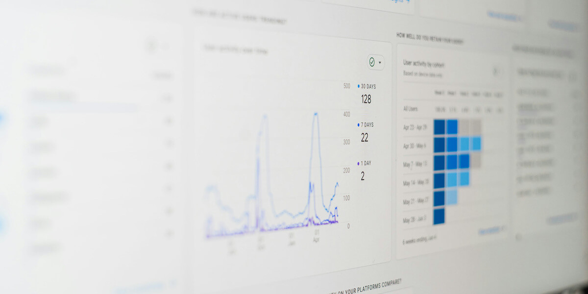 A computer screen displays an analytics dashboard with graphs and numerical data.